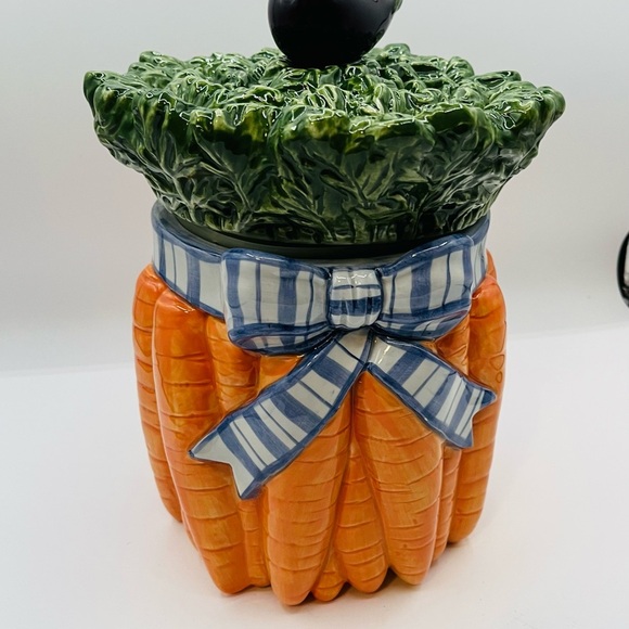 Fitz and Floyd Carrot and Eggplant Cookie Jar - Green, Orange, Blue - Picture 4 of 8